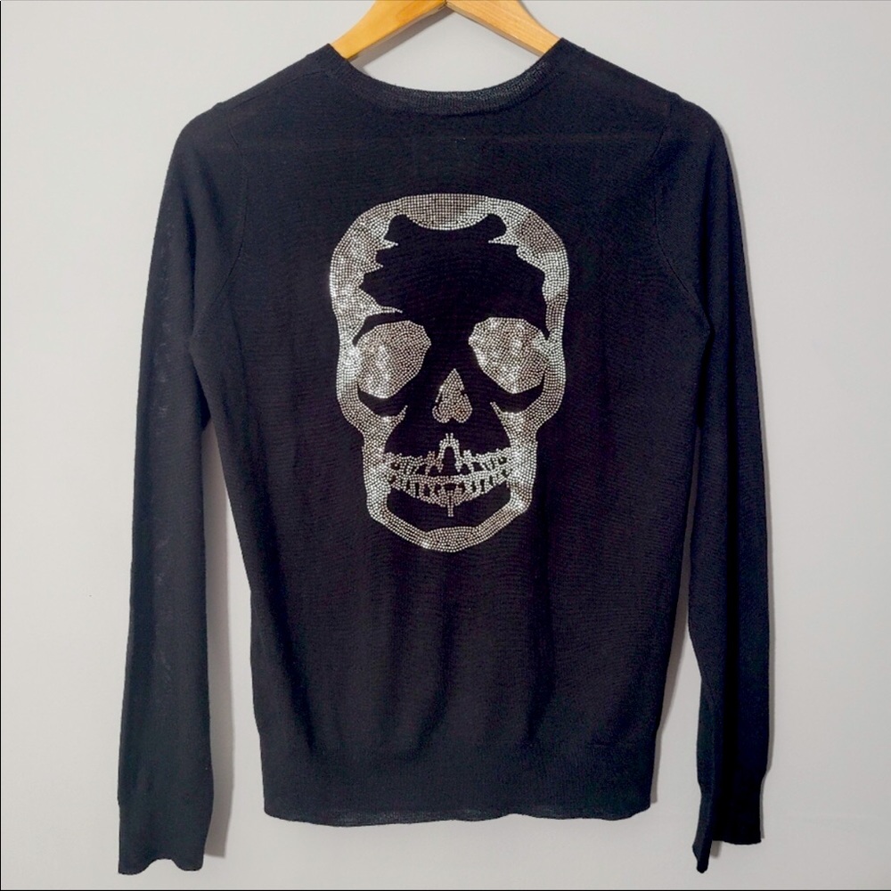 Zadig & Voltaire Black Merino Wool Camo Studded Skull Lightweight Sweater